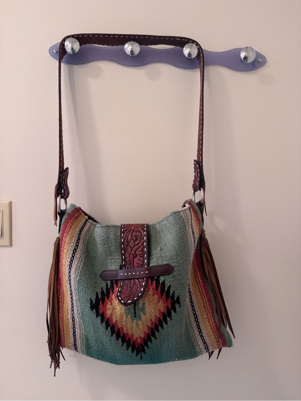 Mint Green Southwestern Fringe Shoulder Bag with Tooled Leather Accent